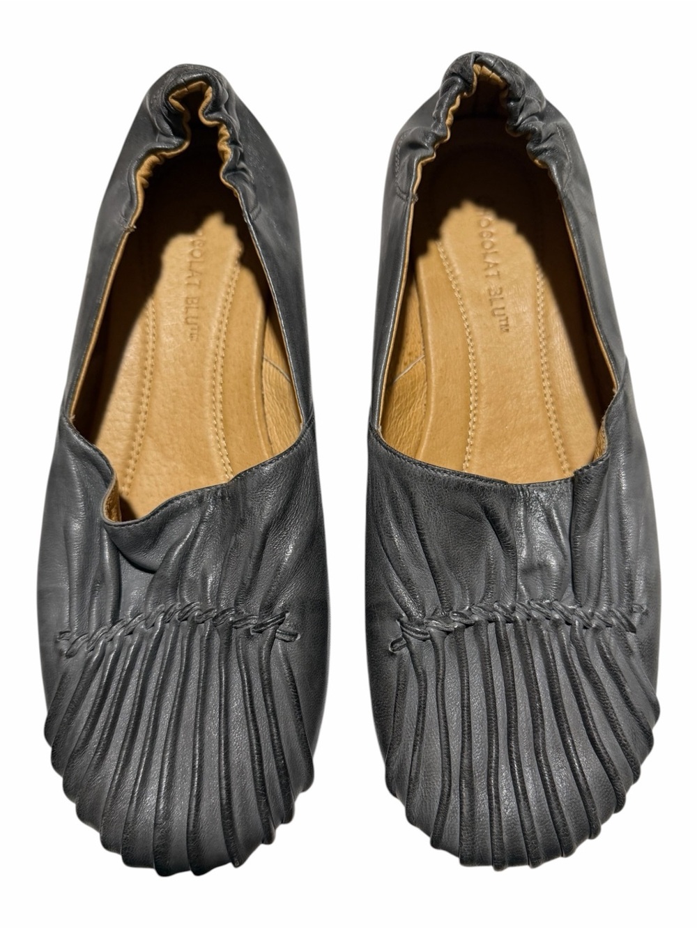 Chocolat Blu Vic Blue Gray Leather Pin-tuck Pleated Ballet Flats - Size 7.5
